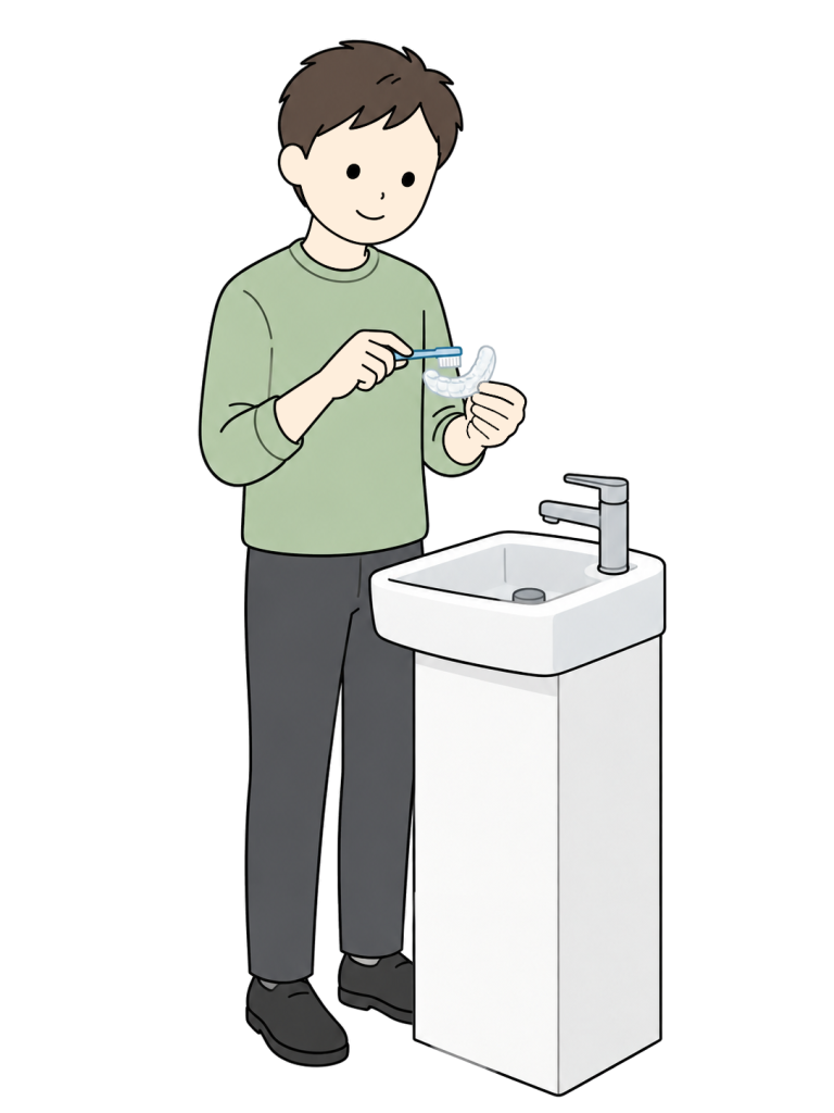 Person cleaning a clear orthodontic aligner with a dedicated brush