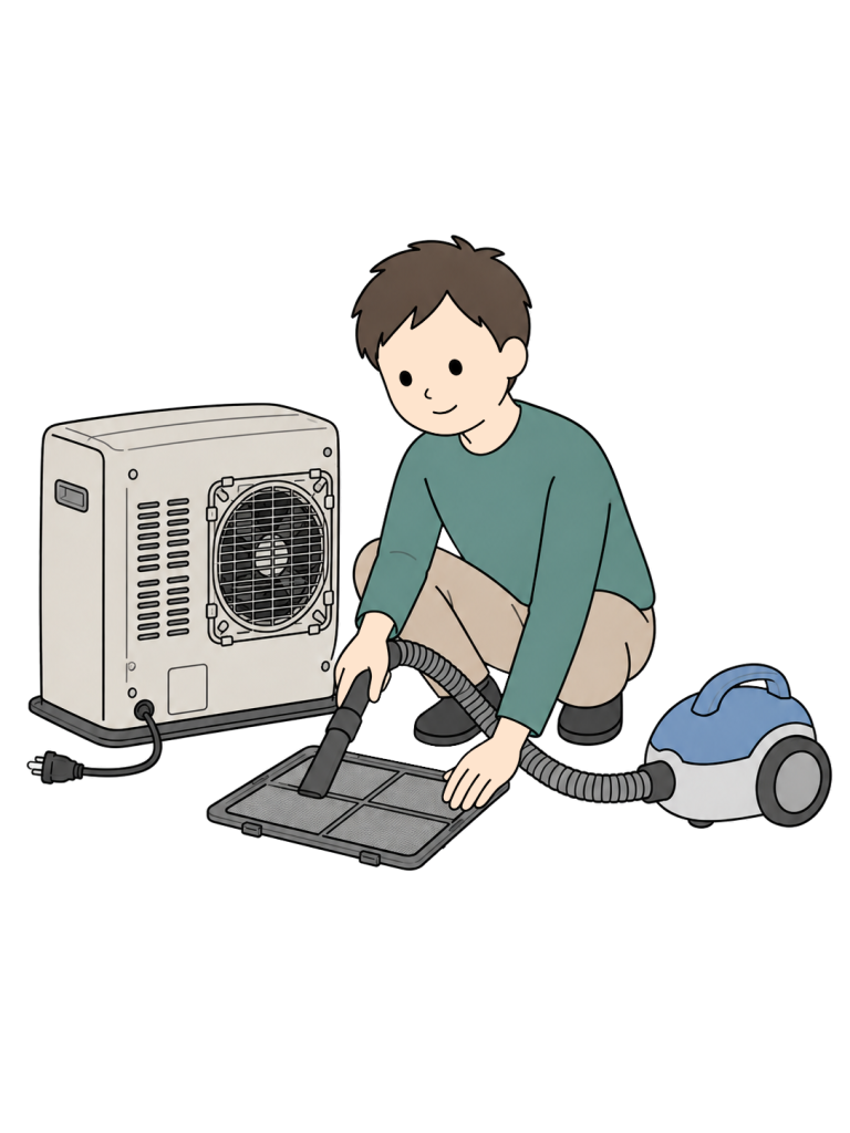 A man vacuums a filter removed from the rear of a kerosene fan heater. The heater's power plug is disconnected.