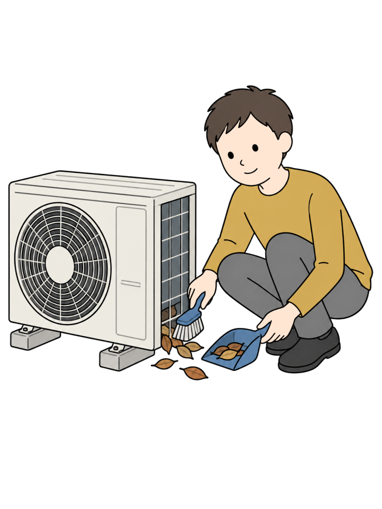 A man crouches beside an outdoor air-conditioning unit and collects fallen leaves with a short brush and dustpan.