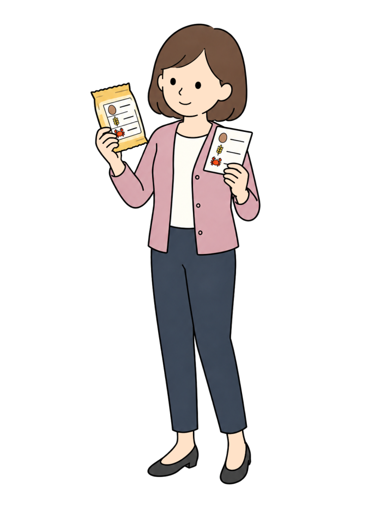 Person comparing a food label with an allergy information card
