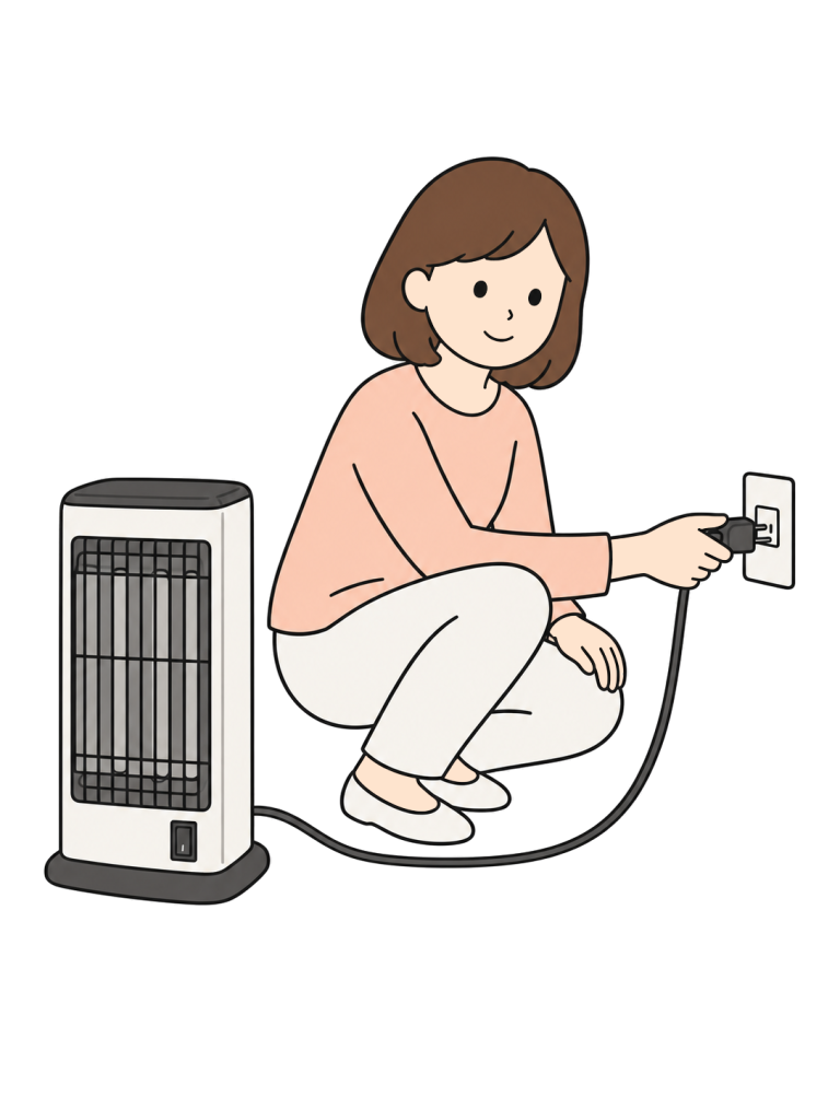 A woman holds an electric heater's plug body and connects it directly to a wall outlet.