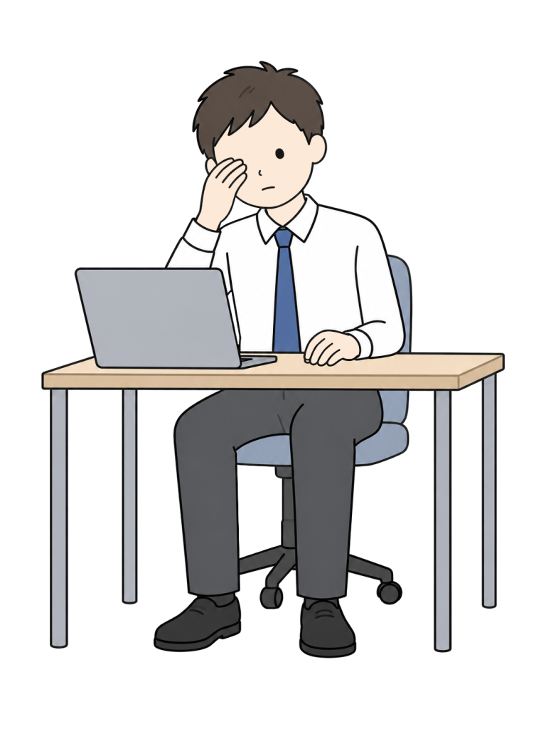 A man seated at a desk with a laptop pauses his work and covers his eye area with one hand.