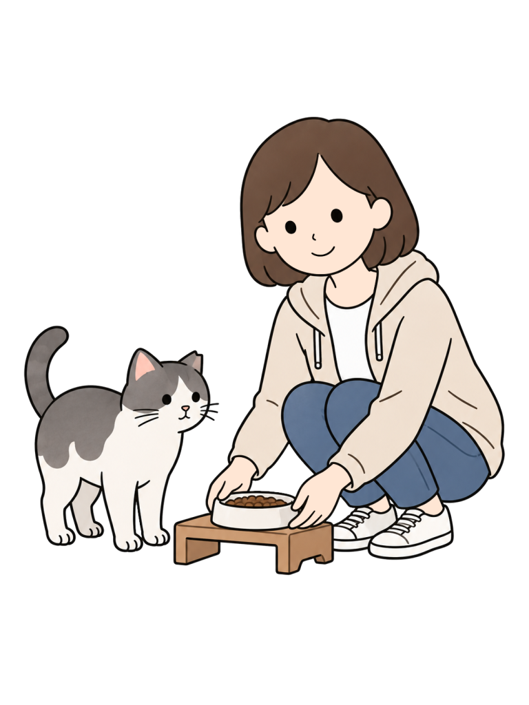 しゃがんだ女性が、猫の待つ低い台にフードの入った食器を置いている。