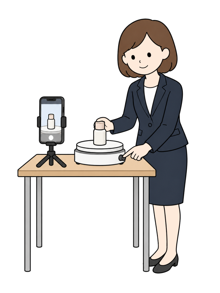 A woman touches a small bottle on a circular rotating display stand while operating a side control; a nearby smartphone screen also shows the bottle.