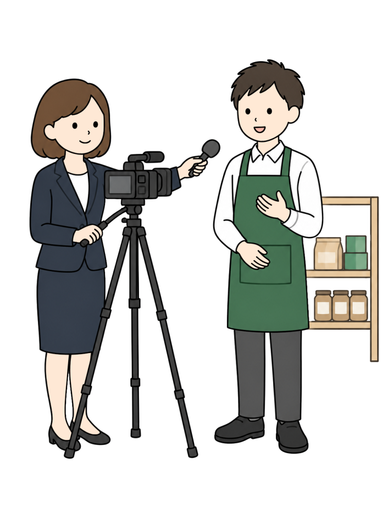 A woman beside a tripod-mounted camera holds a microphone toward a male shop worker in an apron, with a small product shelf nearby.