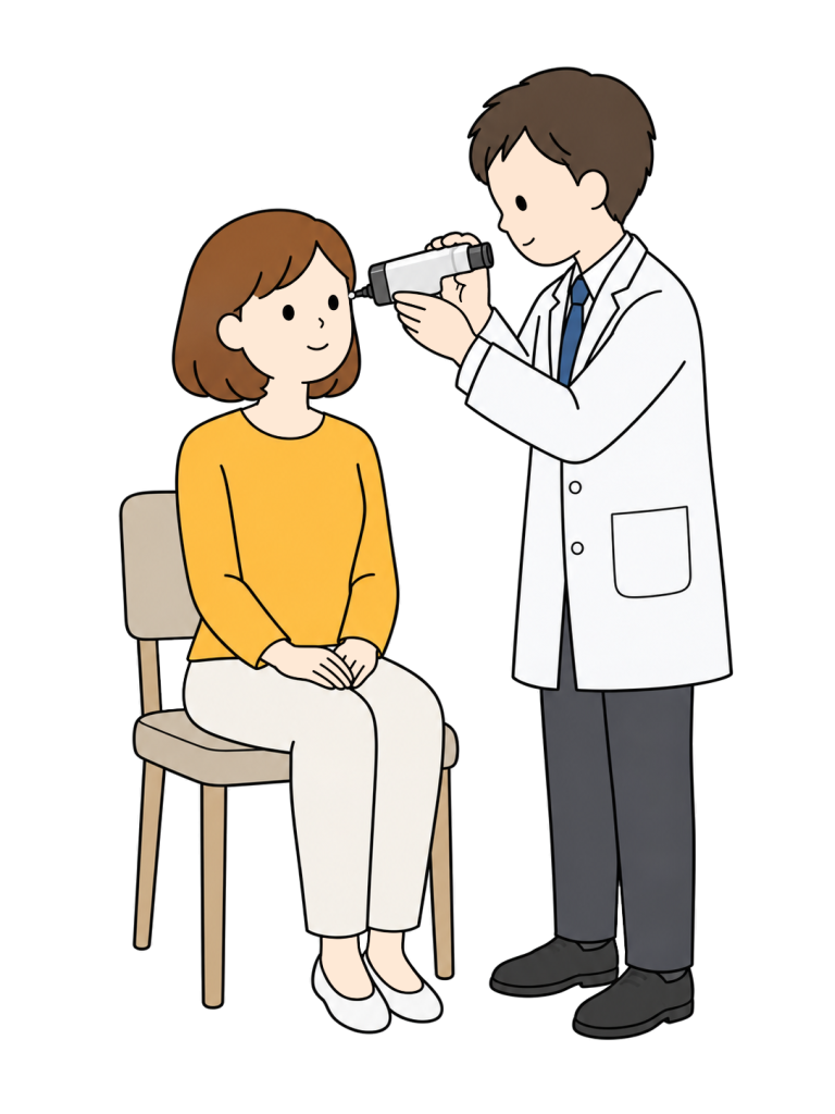 A doctor brings a handheld examination device near a seated woman's eye to perform an eye pressure test.