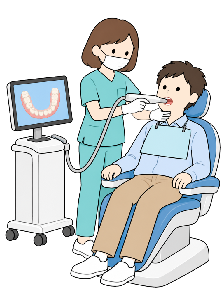 A female dental staff member uses a cable-connected scanner at the mouth of a man in a dental chair. A nearby monitor displays a three-dimensional dental arch.