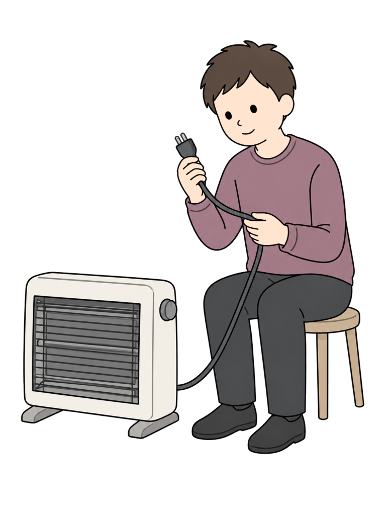 Person inspecting an electric heaters power cord and plug