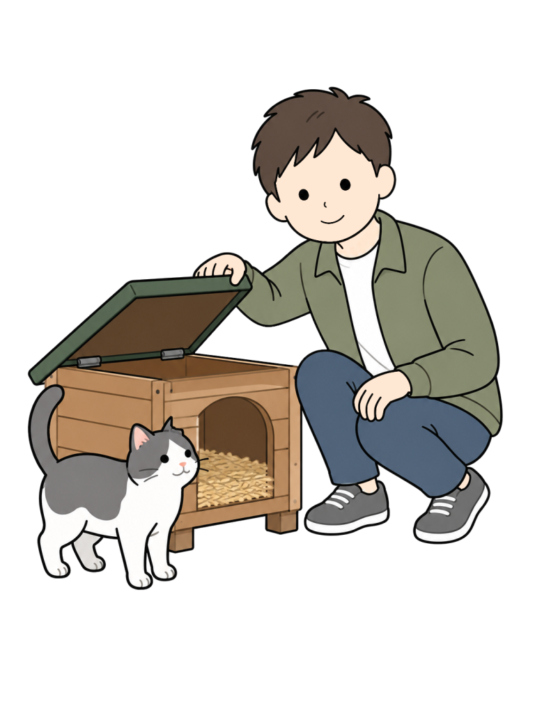 Person inspecting an outdoor cat shelter