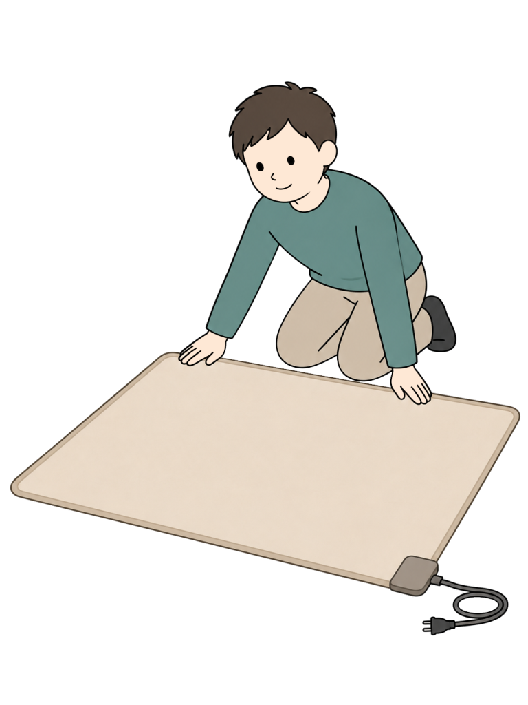 A man spreads an electric carpet flat on the floor. A controller and disconnected plug lie beside its edge.
