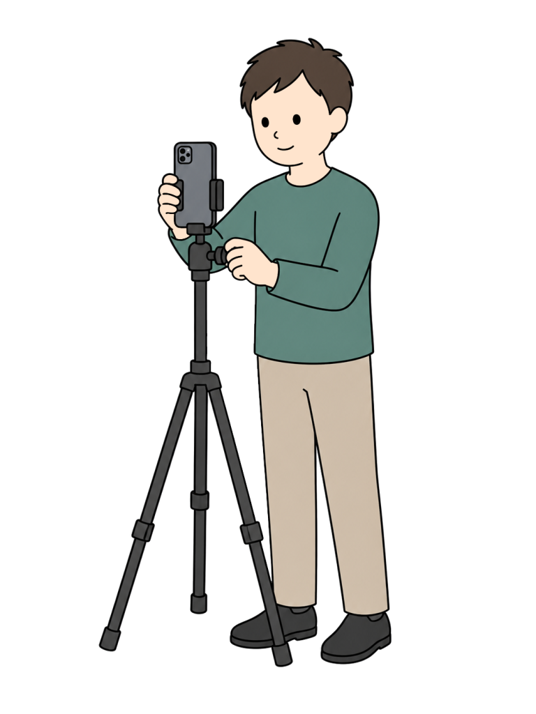 A man supports a vertically mounted smartphone while adjusting the knob on its tripod mount.