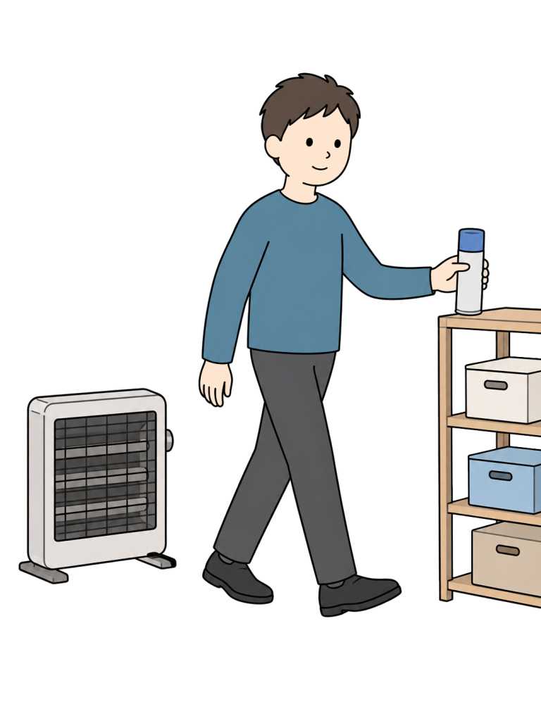 A man carries an aerosol can away from an electric heater toward a separate shelf.