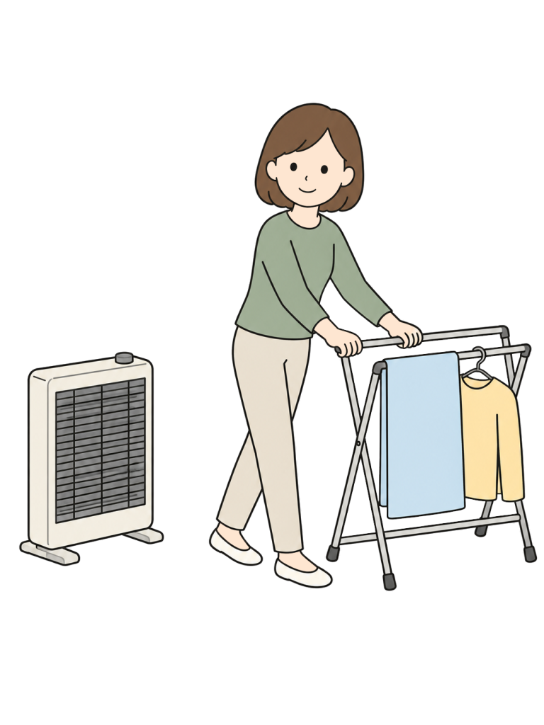 A woman moves a clothes-drying rack with hanging laundry away from an electric heater.