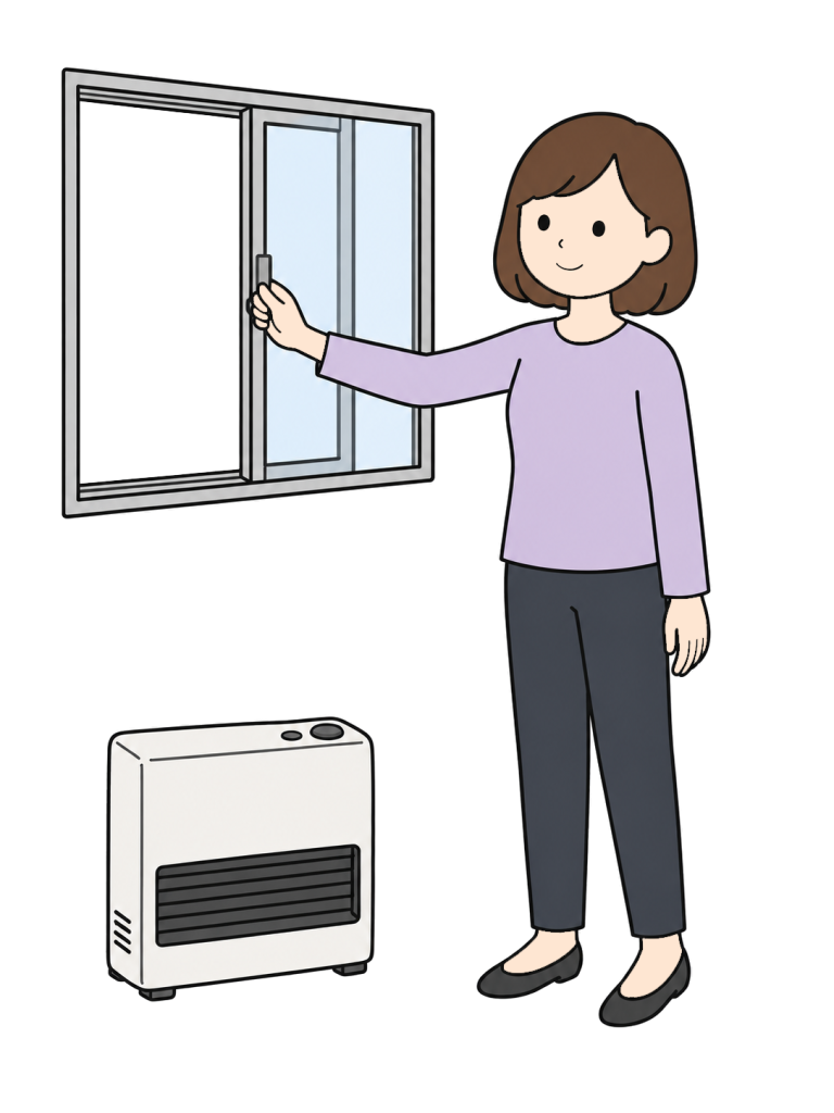 A woman opens a sliding window beside a gas fan heater. An open section is visible on the left side of the window.