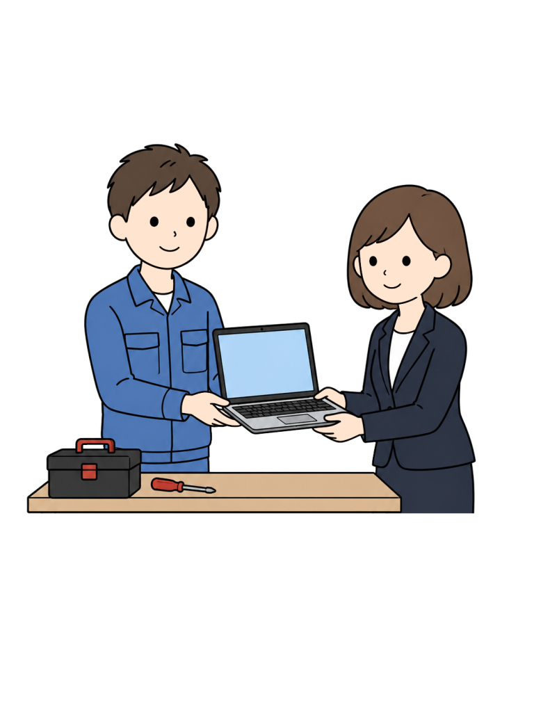 Person picking up a repaired laptop