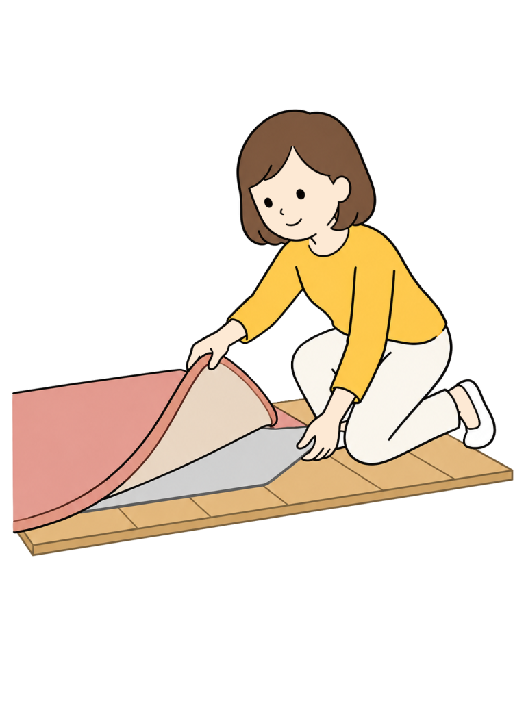 Person placing an insulating underlay beneath a rug