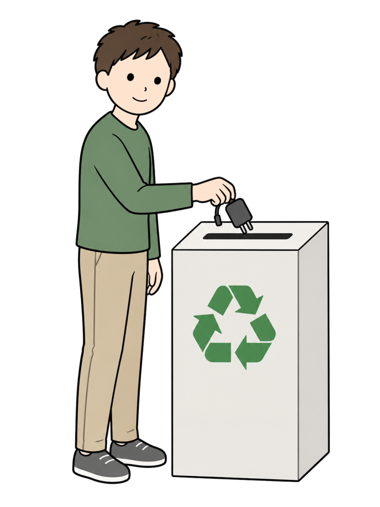 Person placing an old charger in an electronics collection box