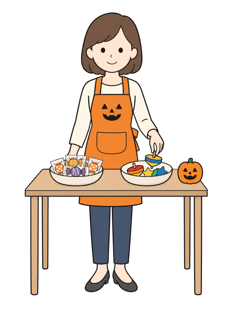 Person preparing separate candy and toy treats for halloween