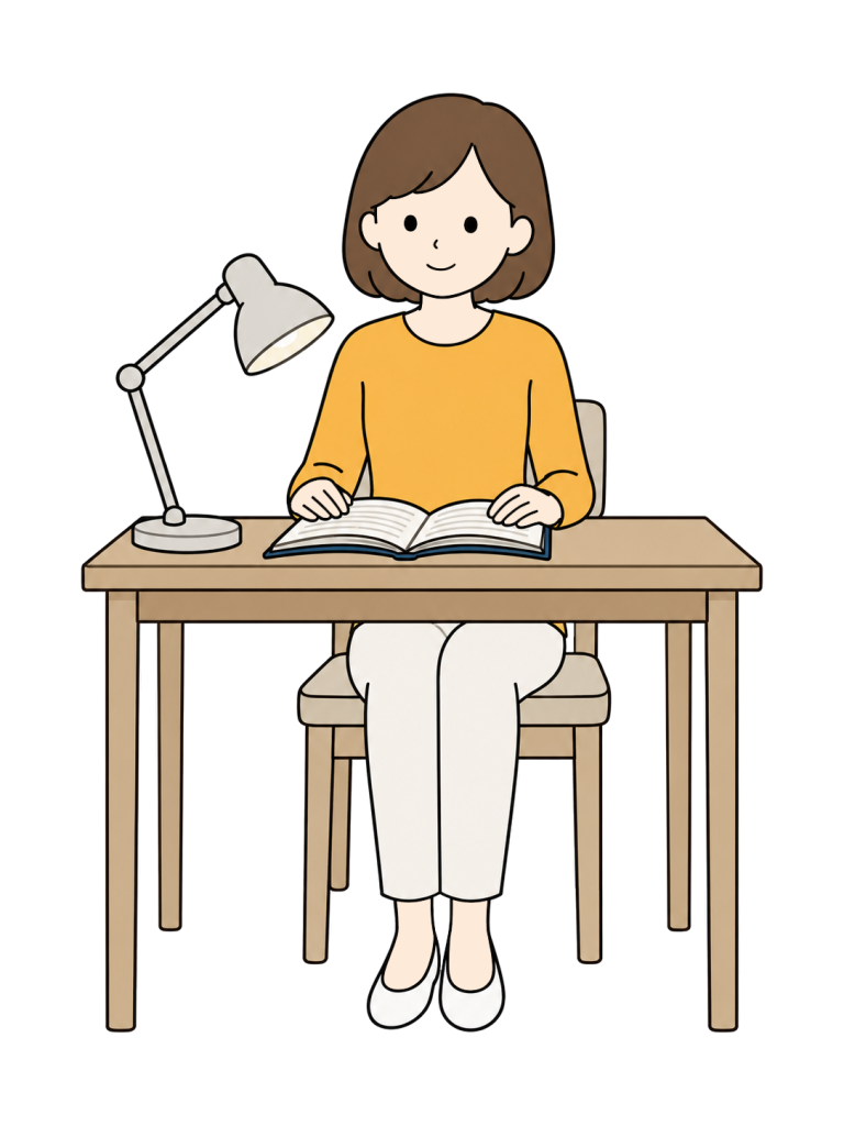 A woman reads a book at a desk with a task lamp directed toward the pages.