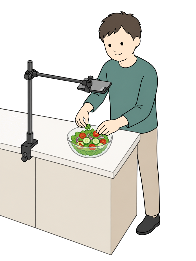 Person recording a cooking video from directly above