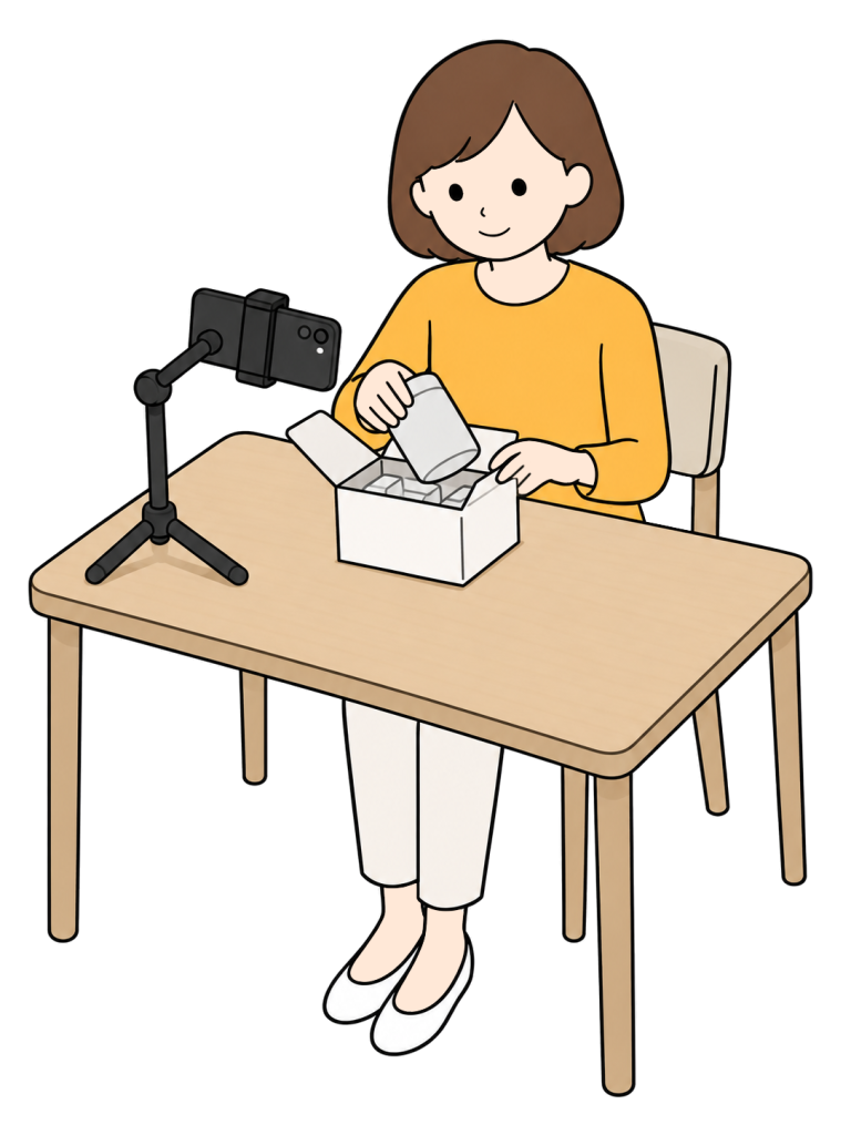 A woman opens a box and lifts out a container at a desk beside an arm-mounted smartphone.