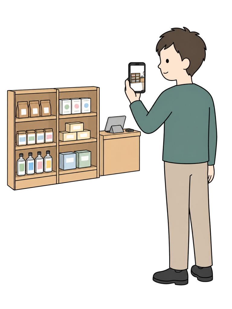 A man holds a smartphone vertically toward a product shelf and counter, which also appear on the phone’s screen.