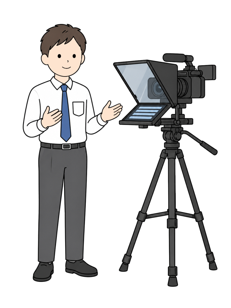 A man gestures beside a camera fitted with a teleprompter featuring an angled transparent panel and a lower display.