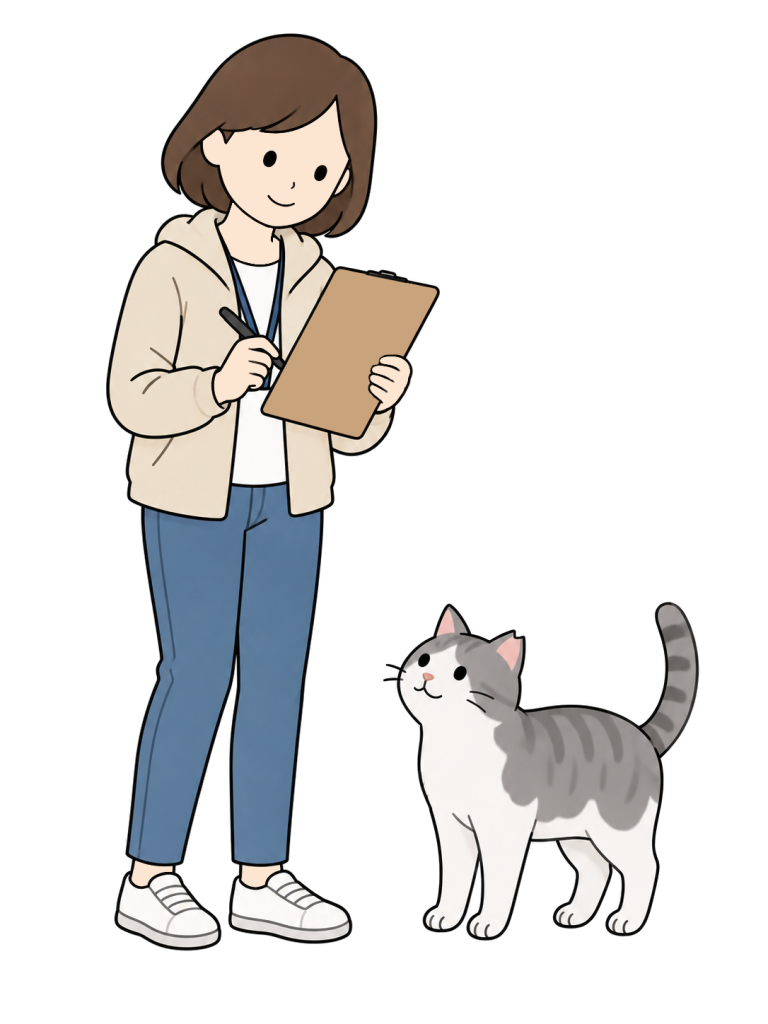 A woman writes with a pen on a clipboard featuring a cat picture, beside a gray-and-white cat.