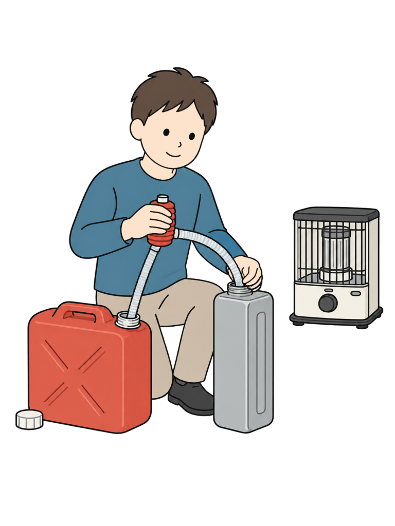 A man uses a transfer pump to fill a detached heater tank from a kerosene container. The nearby heater is shown without a flame.