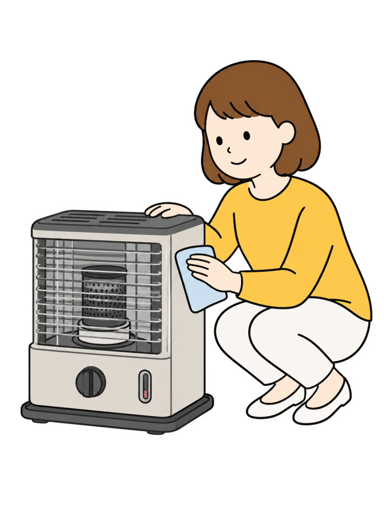 A woman wipes the side of a portable kerosene heater with a cloth. No flame or glow is shown in its front burner.