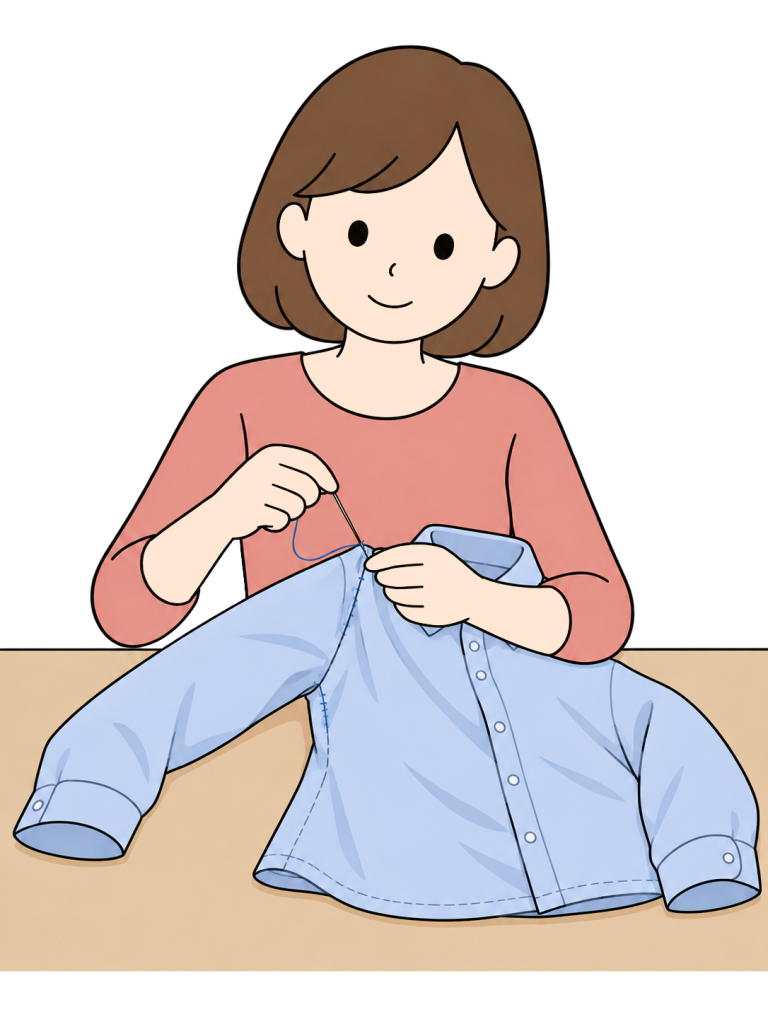 女性が青いシャツの袖付け根付近の縫い目を針と糸で縫い直している。