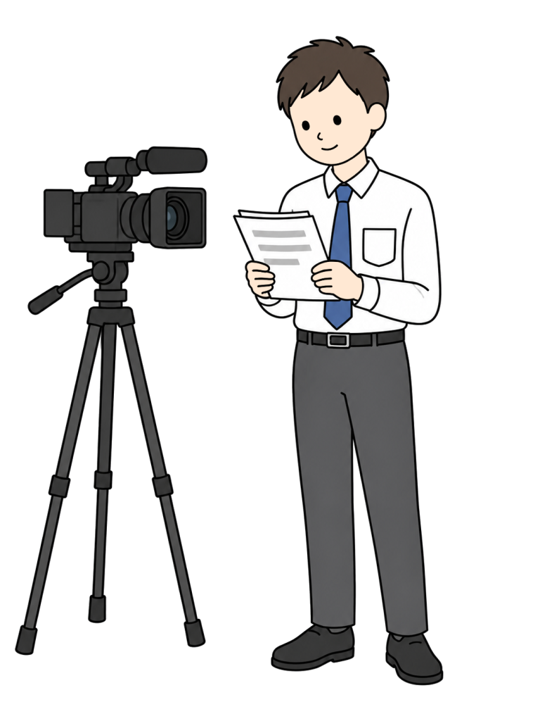 A man stands beside a camera and reviews a script held in both hands.