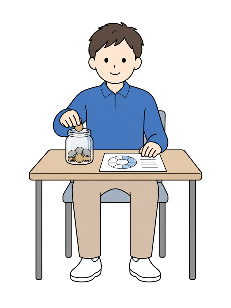 A man adds a coin to a partially filled savings jar while saving toward a goal.