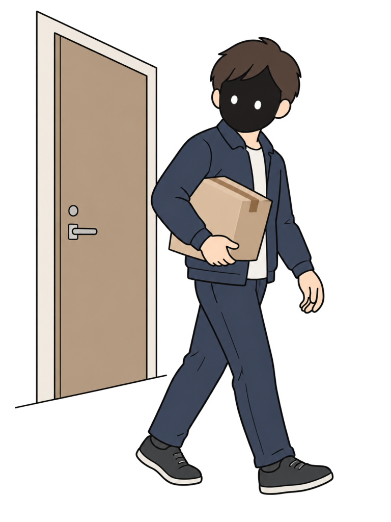 An anonymous-face man carries a cardboard package while walking away from a house doorway.