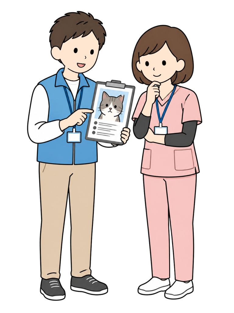A man in a blue vest points to a cat picture on a clipboard while consulting a woman in a pink uniform.
