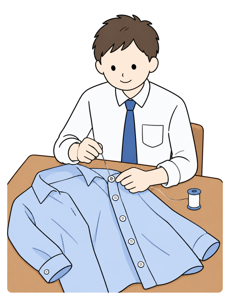 Person sewing a button back onto a shirt