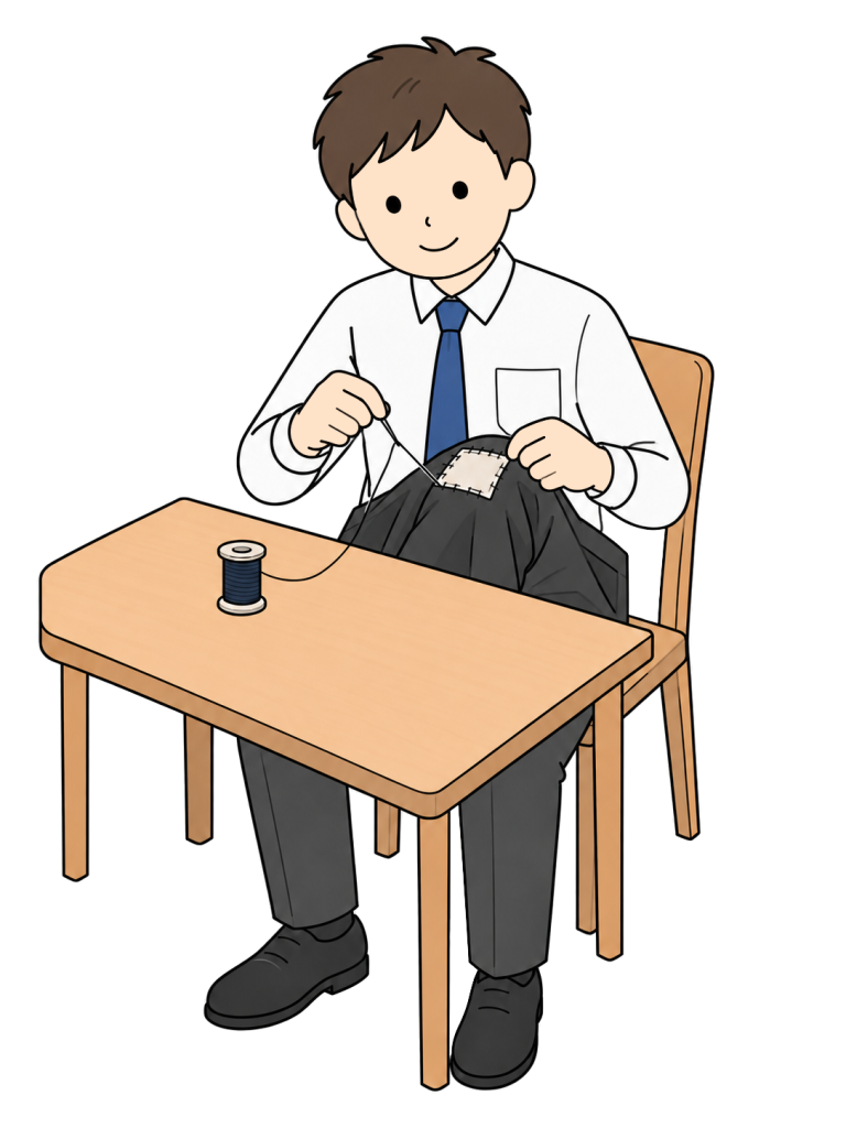 椅子に座った男性が黒いズボンの膝部分に当て布を当て、針と糸で周囲を縫っている。
