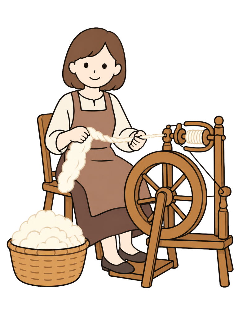 A seated woman uses a spinning wheel to spin wool.