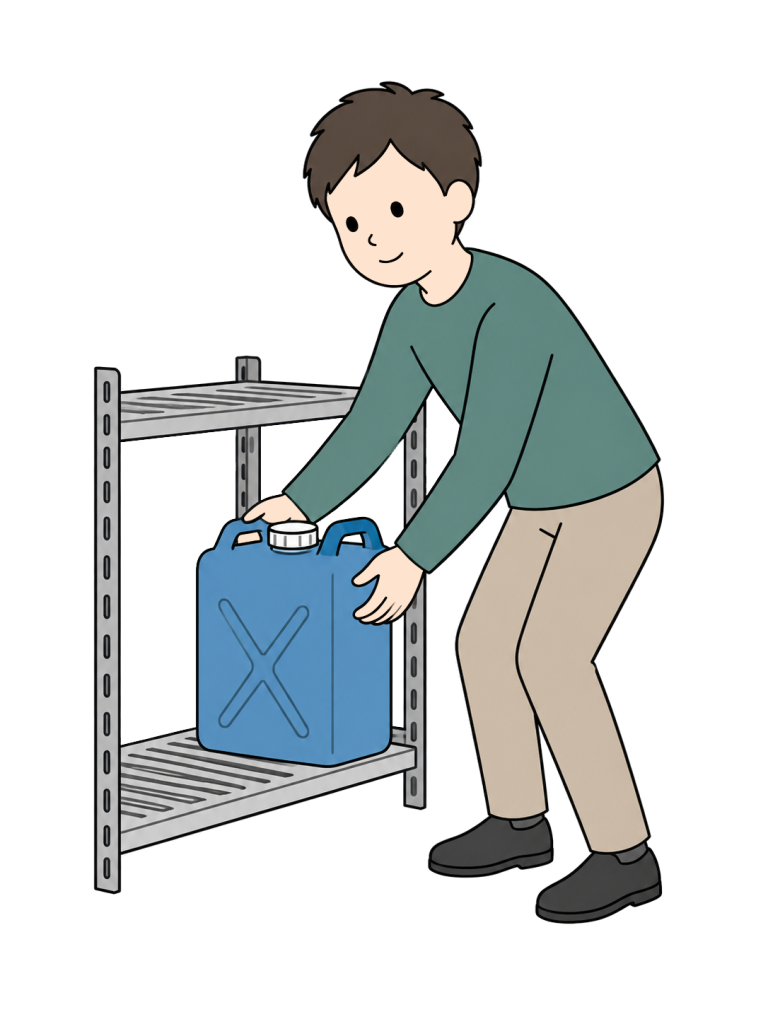 A man holds a blue kerosene container with both hands and places it on the lower shelf of a storage rack.