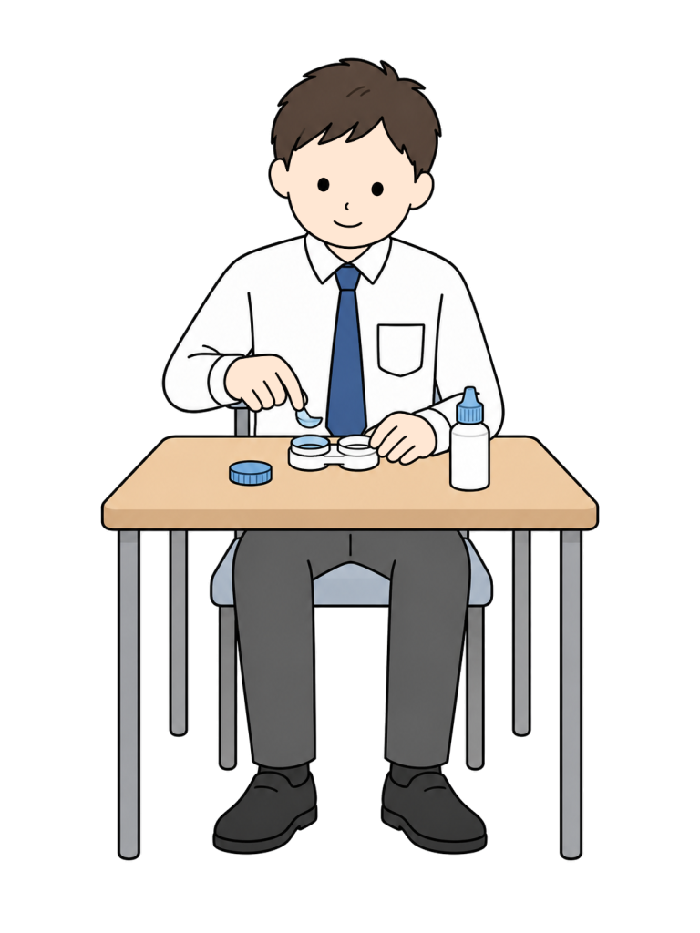 A man puts a contact lens into an open case on a table, with an unlabeled bottle and a lid beside it.