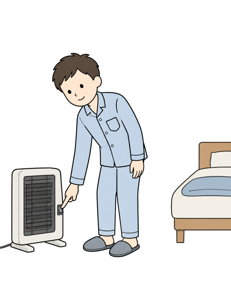 A man in pajamas reaches for the switch of an electric heater beside a bed to turn it off.