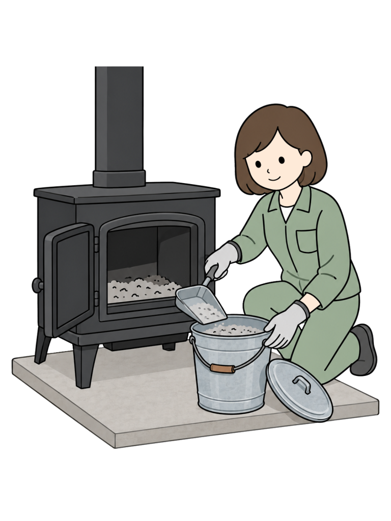 A woman transfers ash from a wood stove into a metal bucket with a lid using a metal scoop. No flames or red glow are shown in the ash.