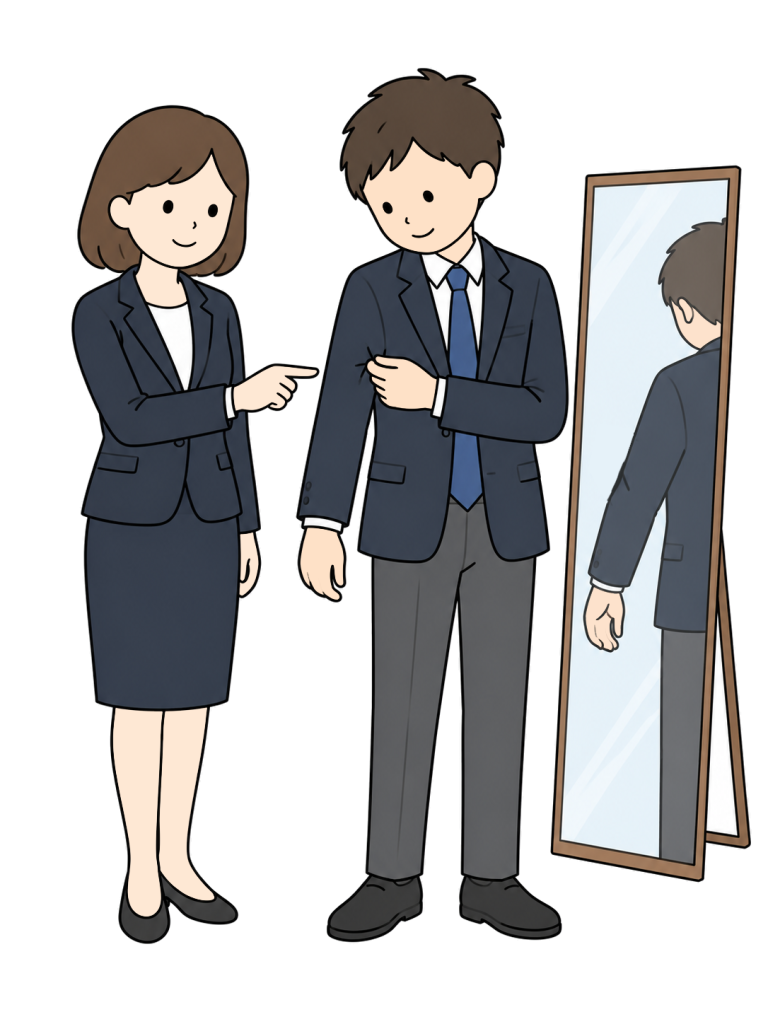 Person trying on a repaired jacket