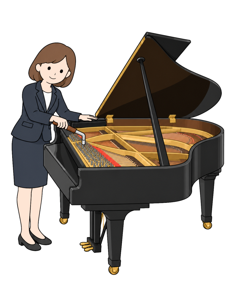 A piano tuner uses a tuning lever inside a grand piano.