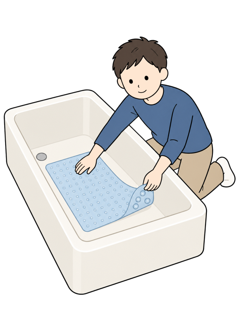 A fully clothed man kneels outside an empty bathtub and places a non-slip mat on the tub floor while holding up one corner.