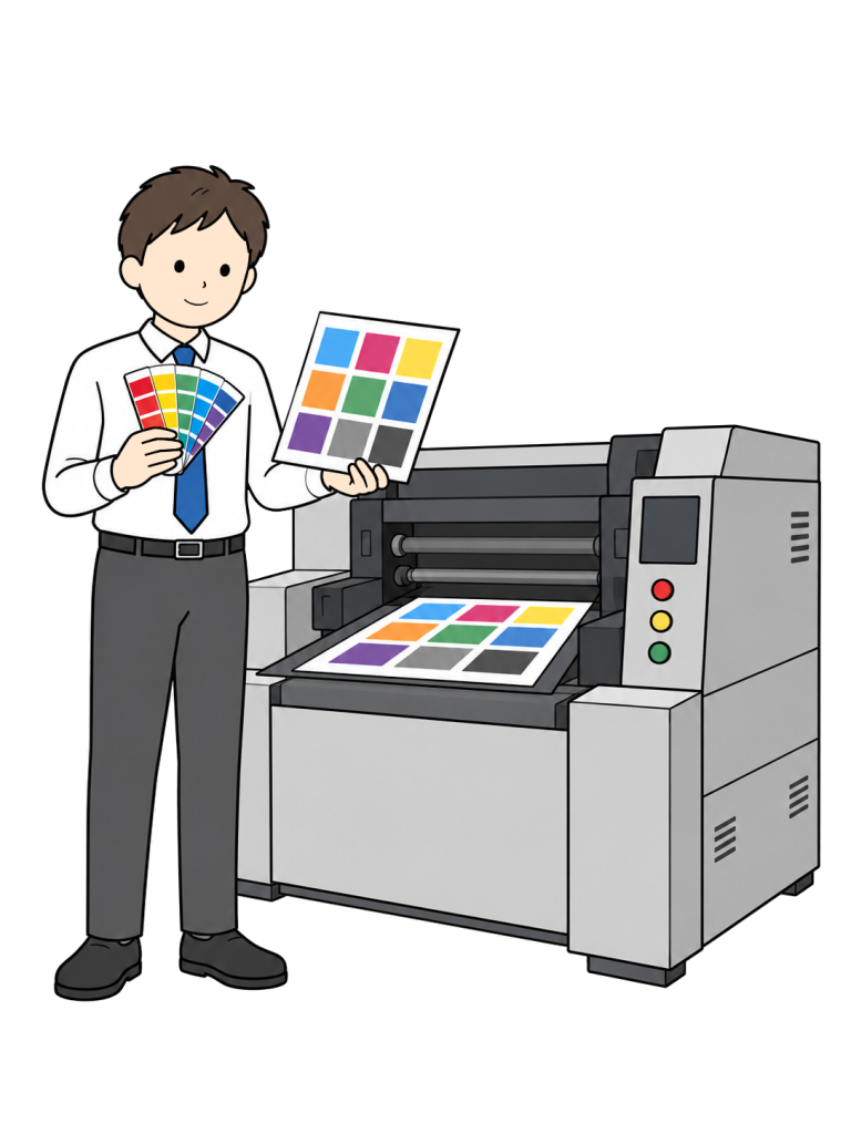 A print technician compares color samples and a printed sheet beside a printing press.