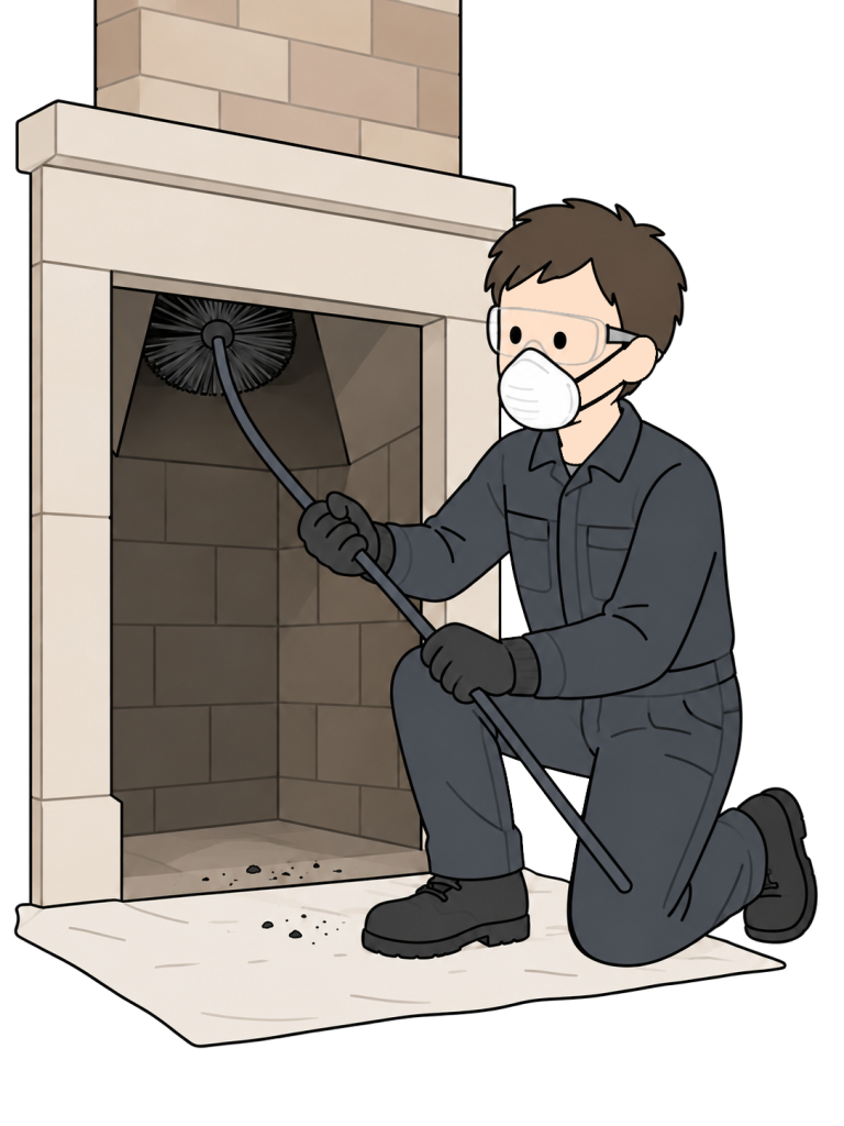 Professional chimney sweep cleaning a fireplace chimney
