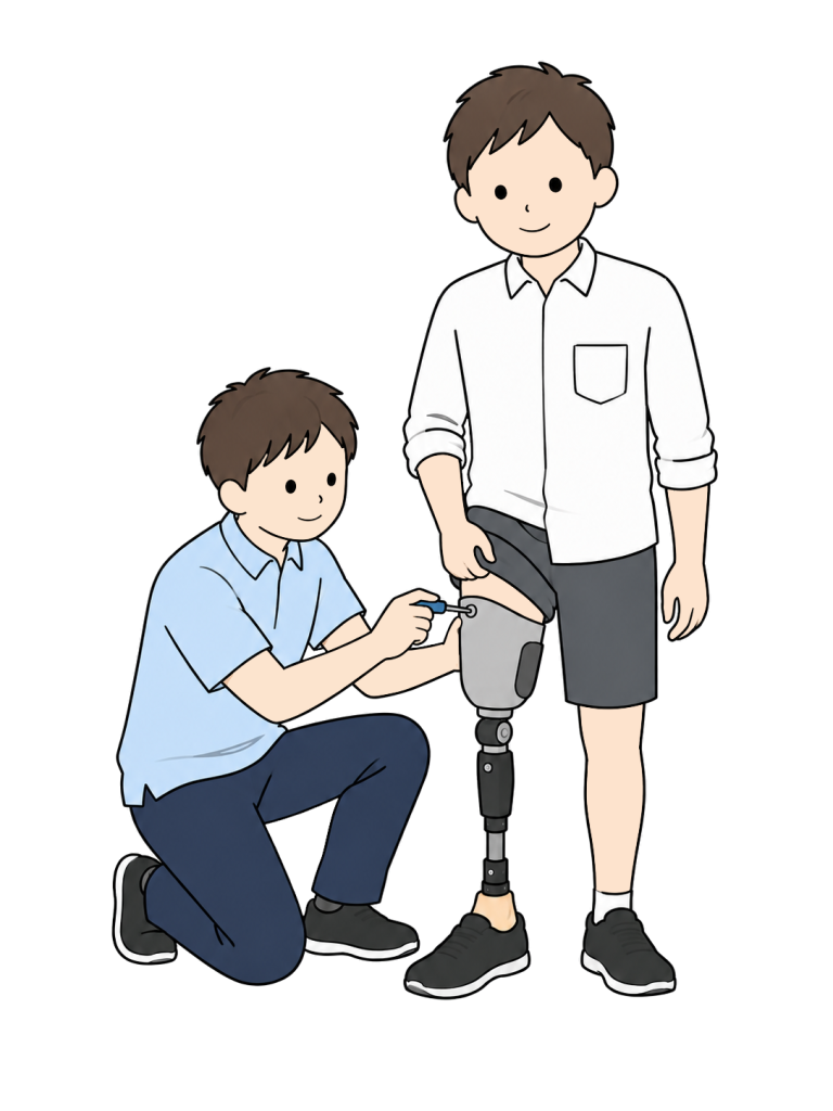 A specialist uses a tool to adjust the fit of a prosthetic leg worn by a person.