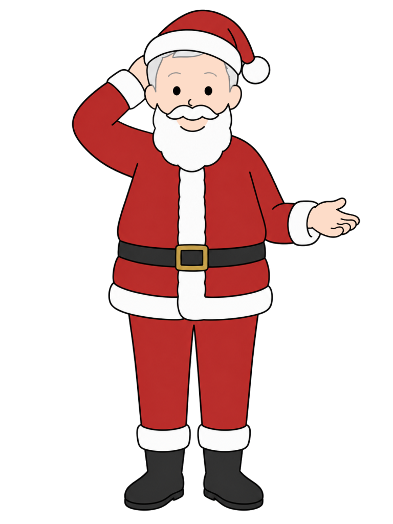 Santa Claus stands with one hand behind his head and the other palm turned upward.