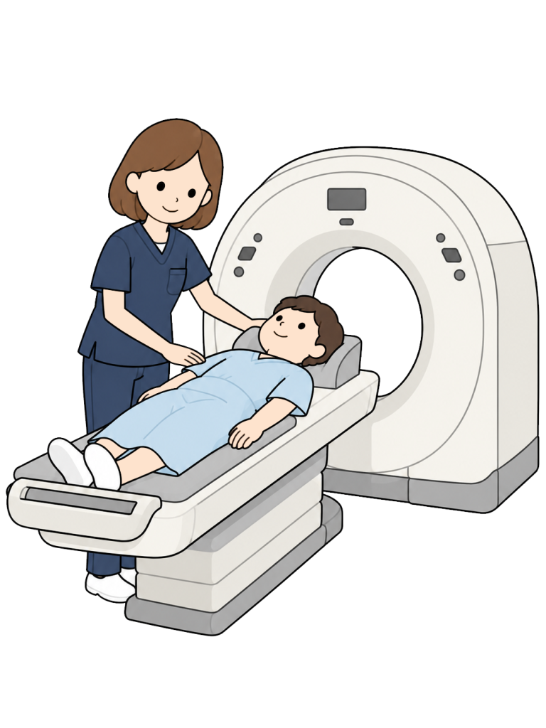 Radiologic technologist preparing a patient for a ct scan